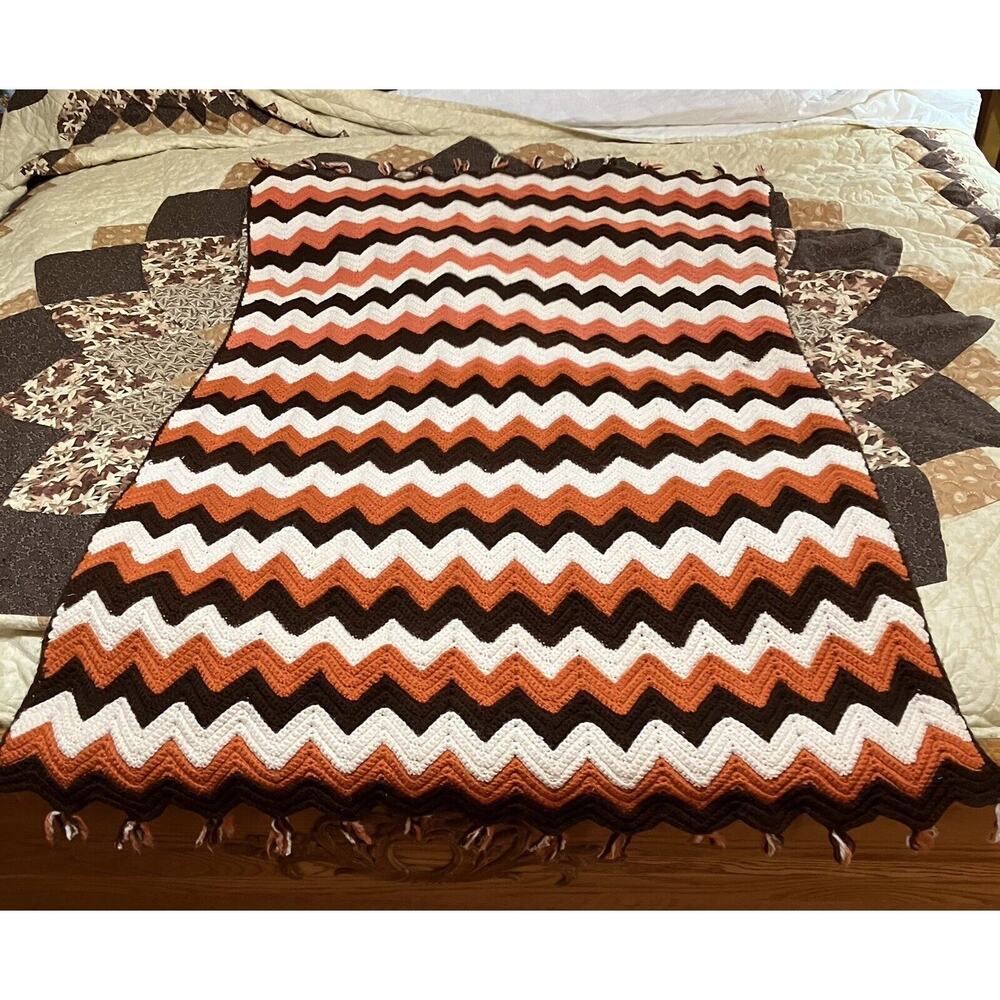 Zig Zag Chevron Crochet Afghan Throw Blanket Orange Brown 56” x 37” Grannycore